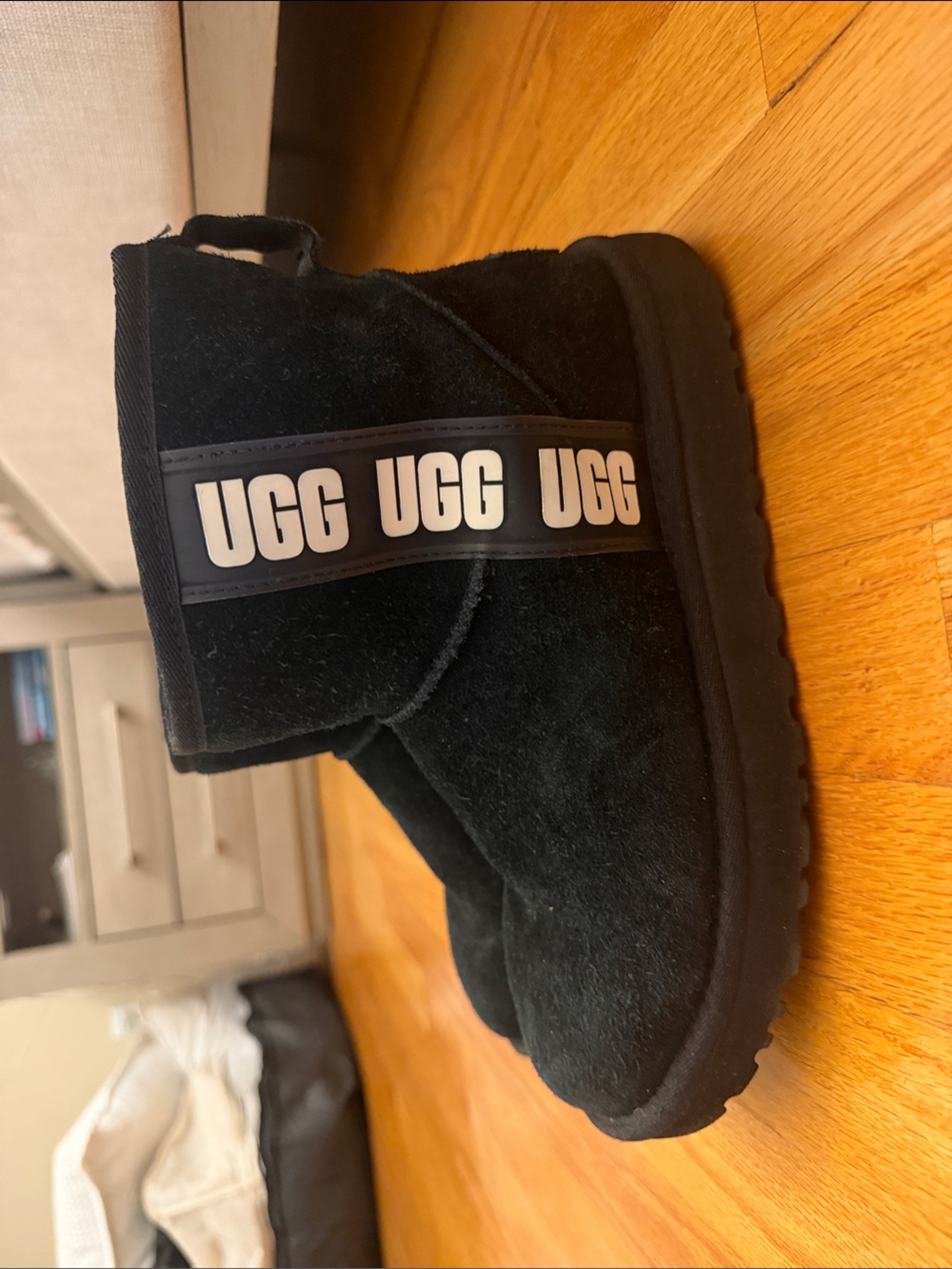 UGG Black Short Suede Logo-Strip Boot